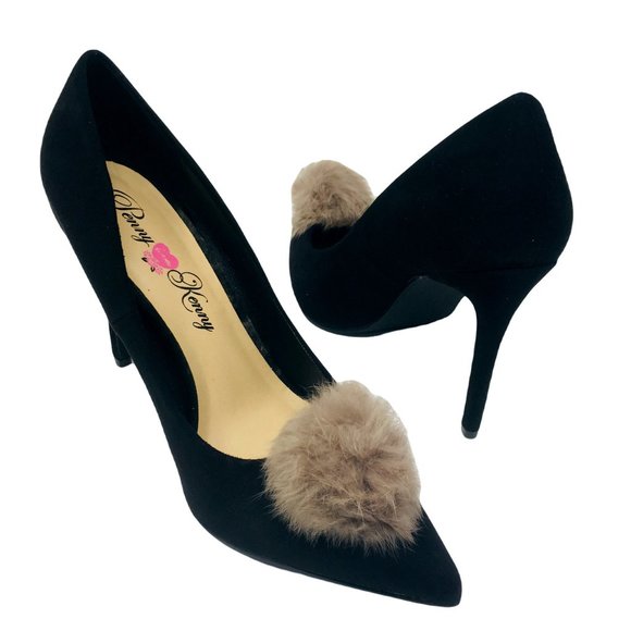 Penny Loves Kenny Manner Vegan Suede Pom Pointed Toe Pump Heels Black 11 Wide - Picture 3 of 8